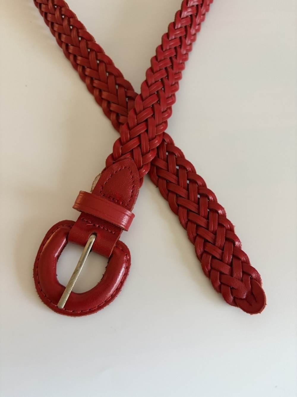Classic Red Woven Leather Belt Covered Buckle Medium Large 1" Vintage Style - Picture 3 of 8